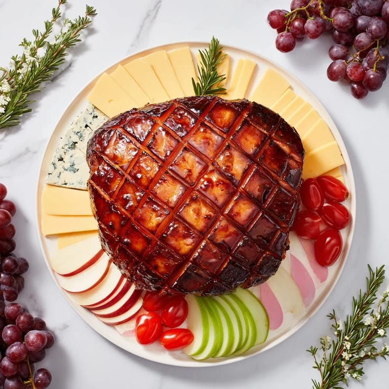 Close-up of a beautifully arranged Glazed Ham Centerpiece Board, brimming with textures and flavors.
