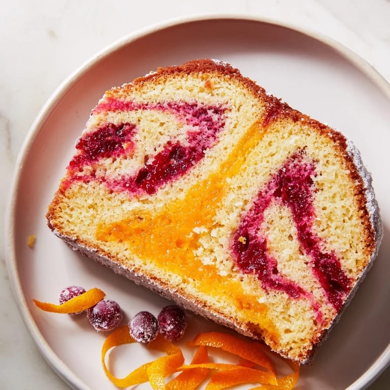 A slice of delicious Cranberry Orange Swirl, a holiday dessert with bursts of fresh fruit flavor.