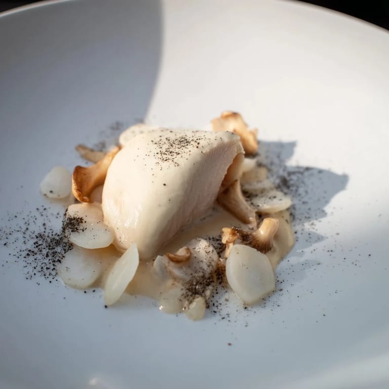 This elegant The Ghostly Gala features a white plate with tender chicken, cauliflower, and black pepper shadows.