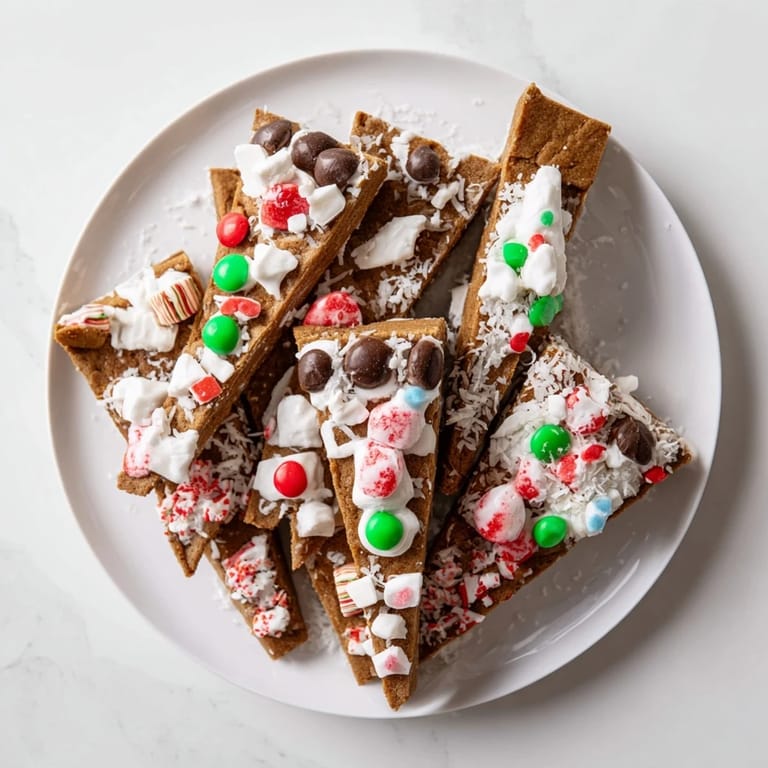 Festive Gingerbread House Board with crunchy gingerbread, bright candies, and fluffy coconut "snow" on a platter.