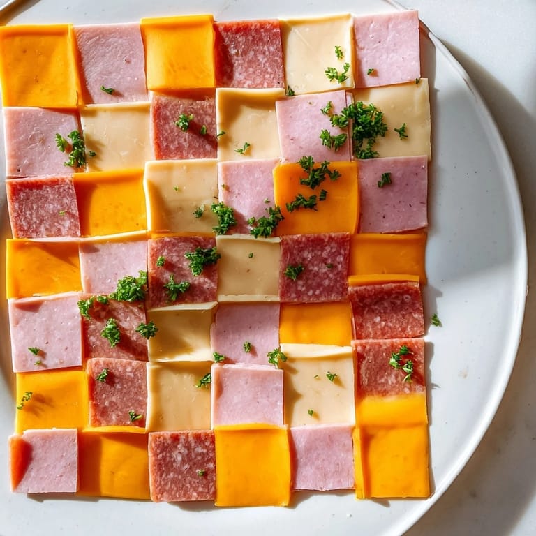A delicious Patchwork Quilt appetizer, featuring artfully arranged meats and cheeses, ready to serve and enjoy.