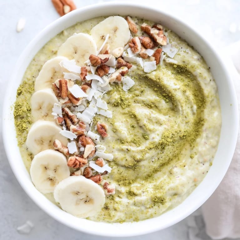 Enjoy a layered jar of flavorful High-Protein Eggnog Matcha Overnight Oats, perfect for busy weekday mornings.