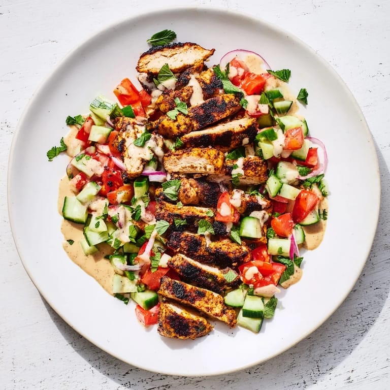 Spiced chicken glistens atop the fresh Chicken Shawarma Salad, promising a delicious Middle Eastern feast.