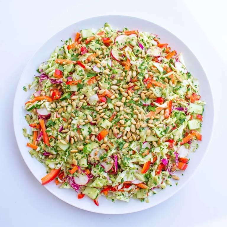Tossing the ingredients of Green Goddess Confetti Chop Slaw, a vegetarian delight, in a bowl.