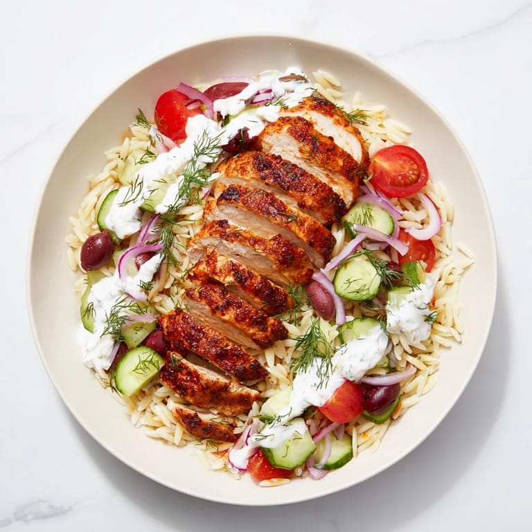 Tender grilled chicken and orzo in Greek Chicken Gyro Pasta Bowls look amazing with Mediterranean flavors.