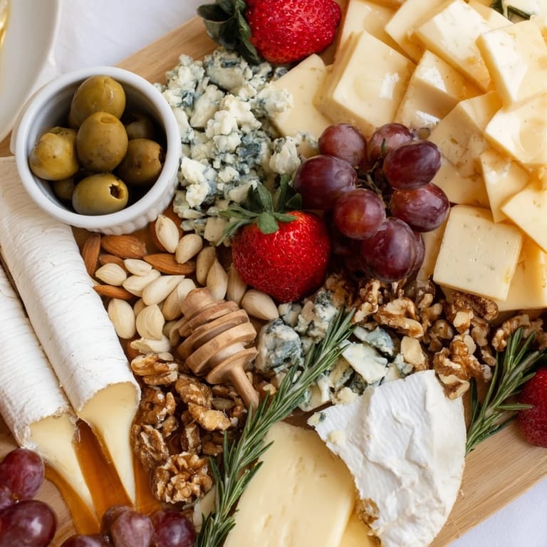 Abundant waterfall edge grazing board overflowing with vibrant fruits, cheeses, and crackers for sharing.