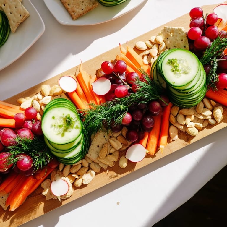 Impeccably balanced Zen Balance board, showcasing fresh cucumber, carrots, grapes, goat cheese, and almonds for a quick appetizer.