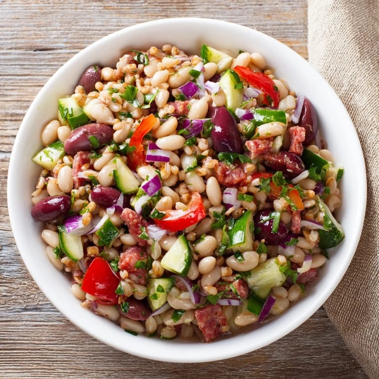 A close-up of a refreshing Mediterranean Dense Bean Salad with salami, ready to be enjoyed as a light lunch.