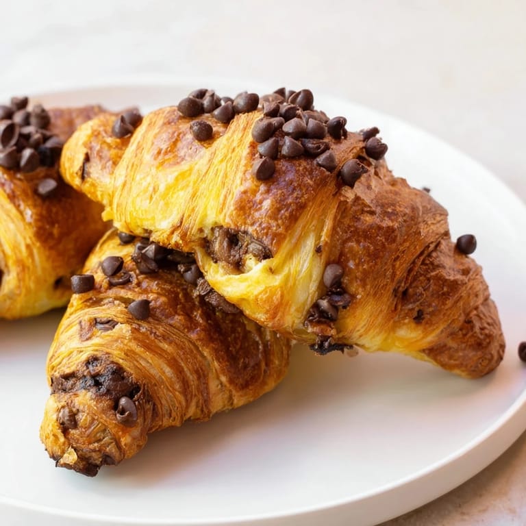 Image of decadent chocolate chip cookie croissants, showcasing layers of pastry and a sweet chocolate filling.