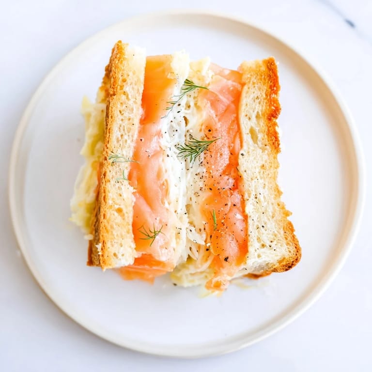 A close-up of a perfectly grilled Smoked Salmon Grilled Cheese, showcasing layers of fish and melted cheese.