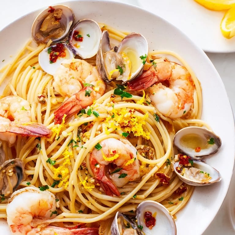 A delicious plate of Seafood Pasta Aglio e Olio, ready to eat, with glistening shrimp and clams scattered throughout.