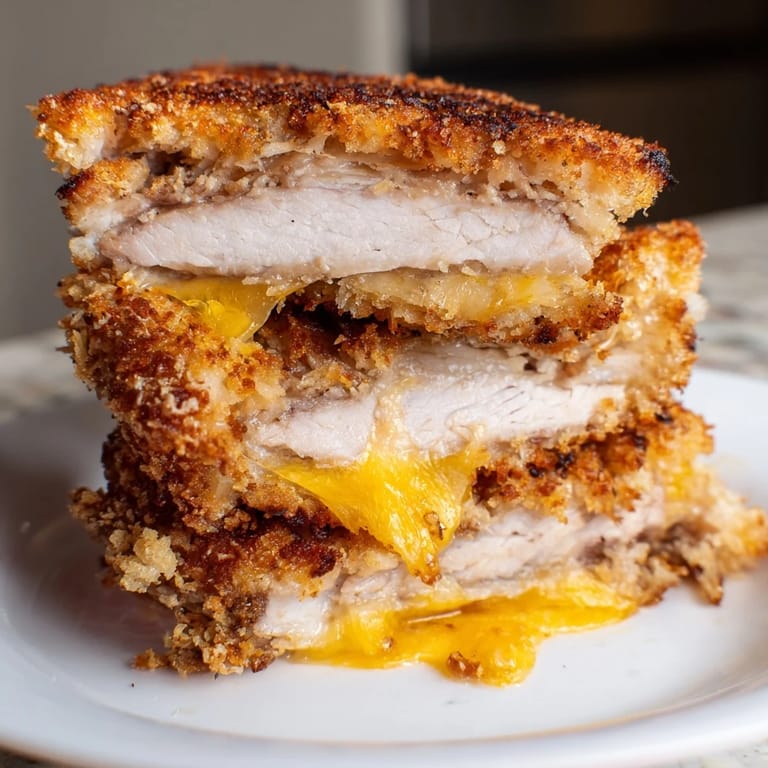 A close-up view of the delicious Crispy Panko Pork Chop Grilled Cheese with gooey cheese and bread.