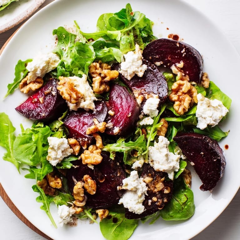 Fresh mixed greens topped with a delicious Beet and Goat Cheese Salad, drizzled with tangy dressing.