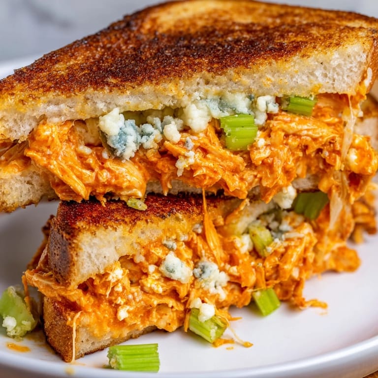 Savory Buffalo Chicken Grilled Cheese on a plate, ready to enjoy with a drizzle of extra buffalo sauce.