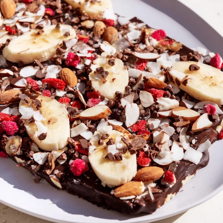 Close-up of frozen Chocolate Banana Bark, showcasing layers of banana, chocolate, and toppings.