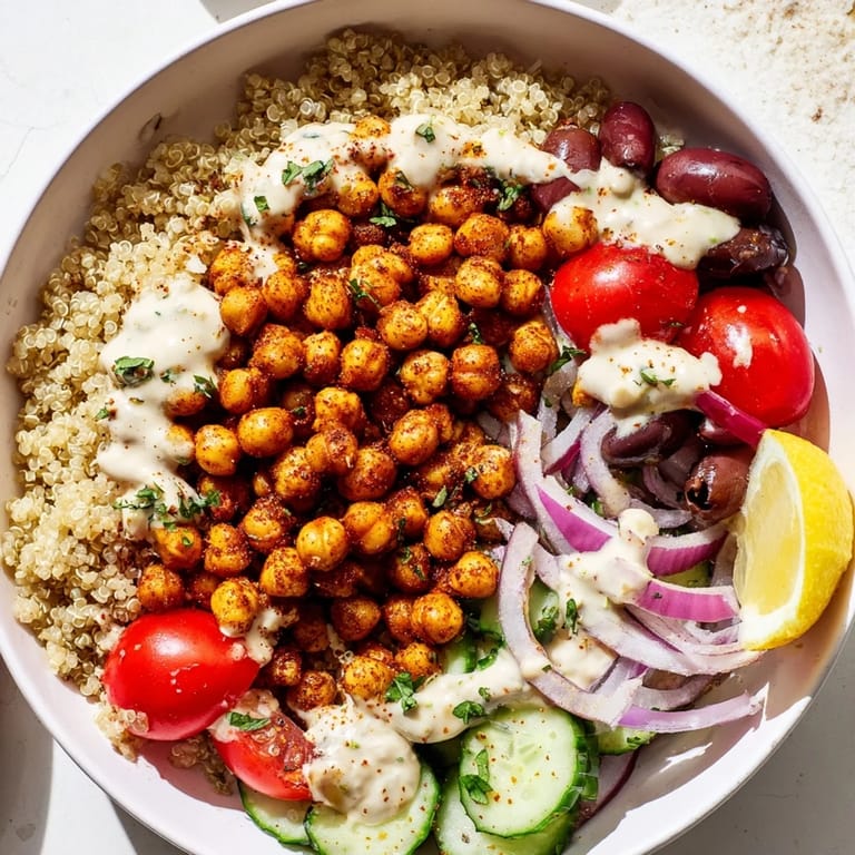 This Mediterranean chickpea bowl features a vibrant array of fresh ingredients, drizzled with tahini.