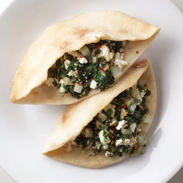 This Turkish spinach & feta flatbread photo showcases a flaky crust, filled with a savory spinach mixture.
