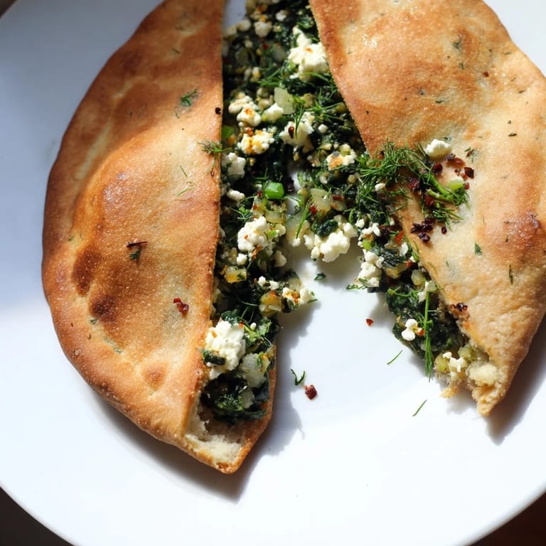 Freshly baked Turkish spinach & feta flatbread, offering a blend of flavors perfect for lunch or a snack.