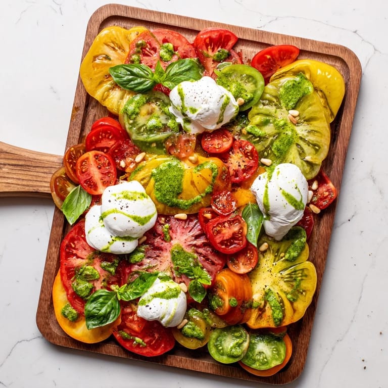 Heirloom tomato salad board with burrata and basil oil, drizzled and garnished for a colorful Mediterranean appetizer.