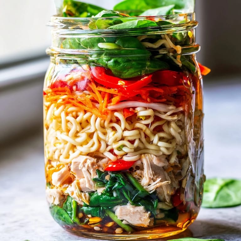 Vibrant, easy-to-prep Mason Jar Noodle Meal featuring crisp bell peppers, shredded carrots, and spicy Sriracha sauce ready for a quick shake-and-eat lunch.