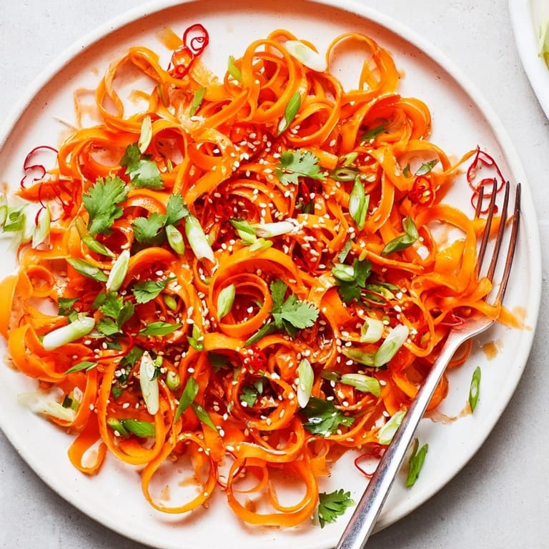 Colorful Asian-style carrot ribbon salad served as a refreshing vegan side or light appetizer.  