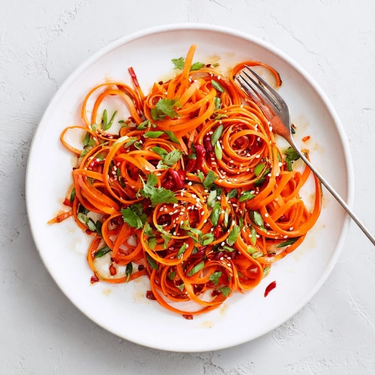 Vibrant spiralized carrot ribbons with chili slices and sesame seeds in a savory lime dressing.