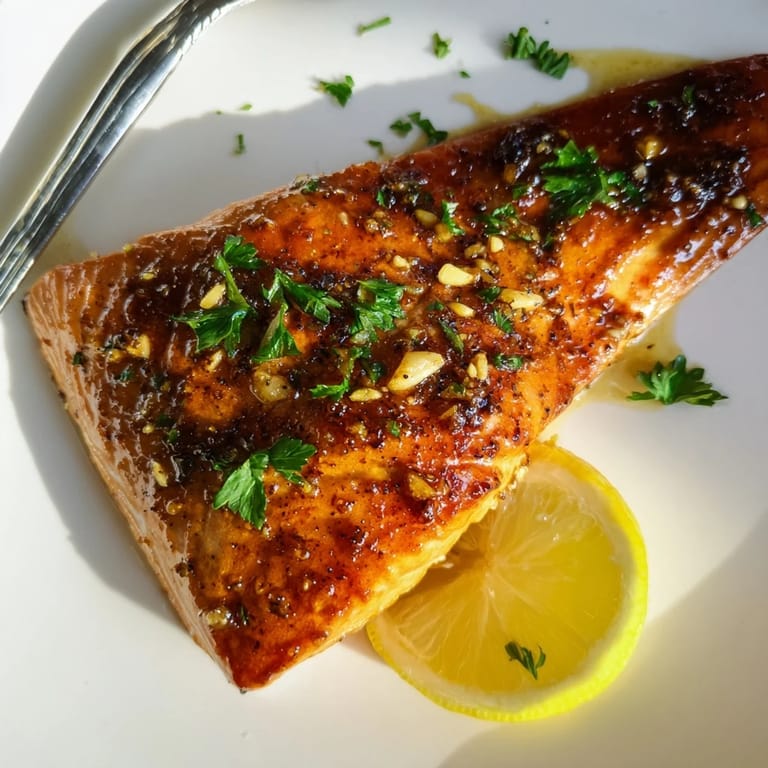 A close-up view of Honey Garlic Glazed Salmon shows flaky pink interior and a glossy, sweet-savory sauce brushed over the top.