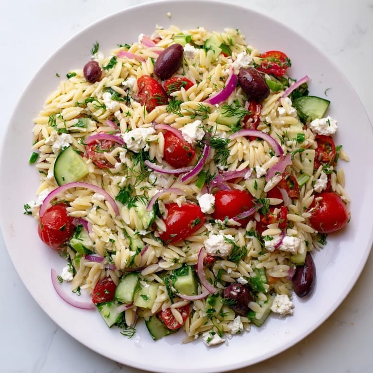 Serving suggestion for Greek Orzo Salad: a chilled, colorful dish with red onion and herbs, perfect for summer picnics.