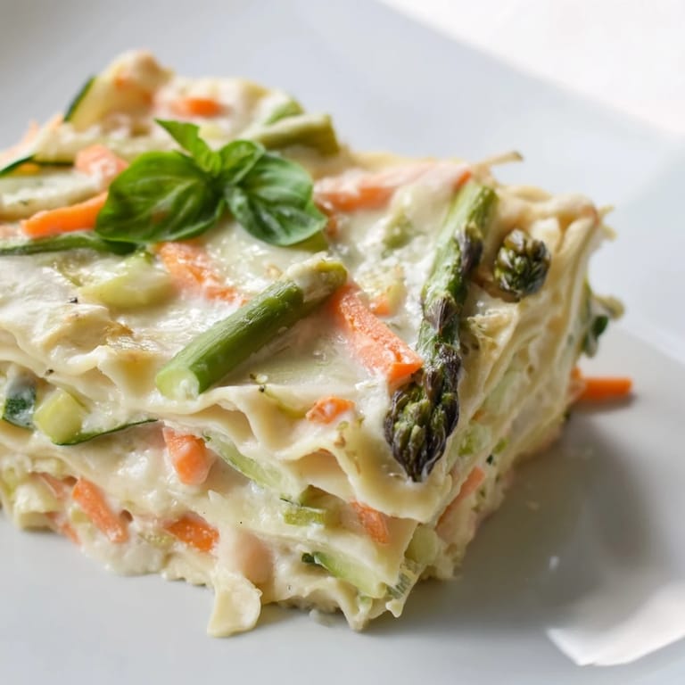 Close-up of Spring Veggie Alfredo Lasagna showing golden Parmesan topping, ricotta layers, and colorful spring vegetables in a creamy sauce, garnished with basil.