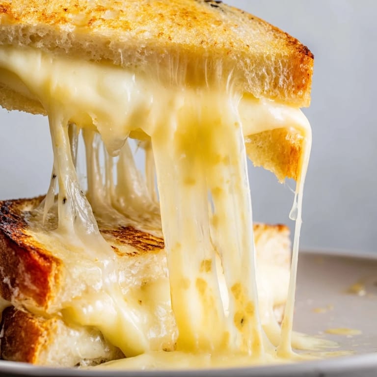 Thick slices of toasted sourdough bread layered with three melty cheeses, showcasing the gooey filling of this classic grilled cheese.