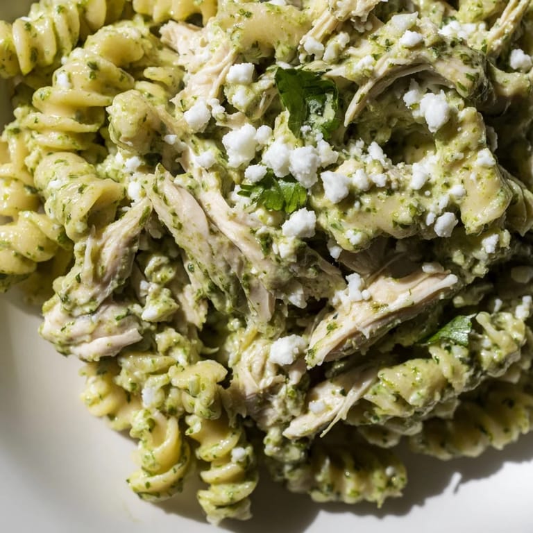 A vibrant serving of Cilantro Lime Chicken Pasta on a rustic plate, featuring bright green sauce, crumbled cotija cheese, and lime zest.  