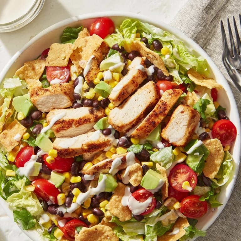 Family-style Crunchy Taco Chicken Salad garnished with green onions and tomatoes, served with dressing on the side for dipping.