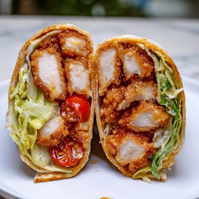 Hand holding a toasted Hot Honey Chicken Caesar Wrap, ready to eat, showcasing the crunchy panko-crusted chicken and vibrant salad filling for a perfect handheld lunch.