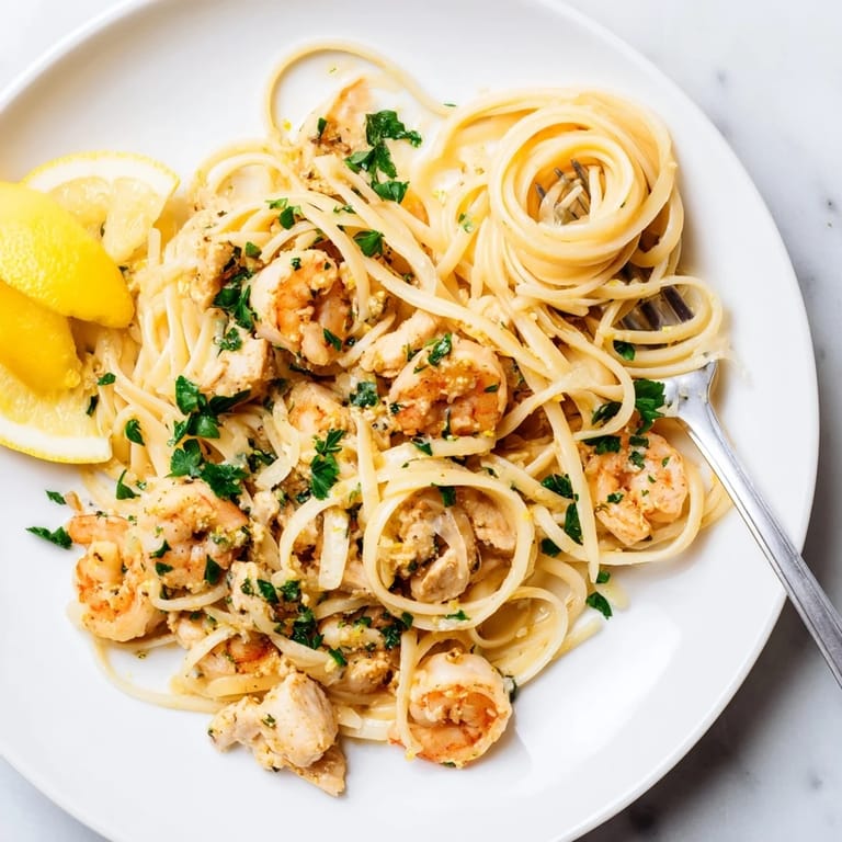 Close-up of Lemon Garlic Shrimp & Chicken Pasta, highlighting juicy shrimp, tender chicken, and al dente noodles in herby sauce.