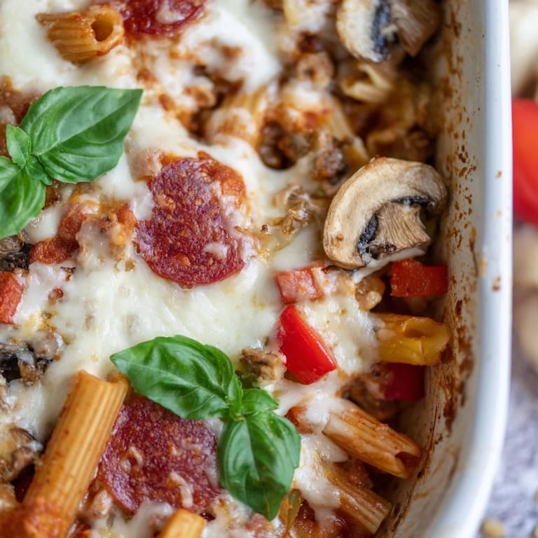 A close-up of a serving scoop of High Protein Italian Beef and Pasta Bake reveals whole wheat pasta, lean ground beef, and spinach.