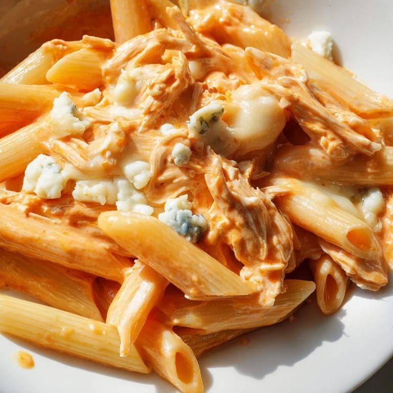 A comforting American pasta dish featuring melted mozzarella, bold buffalo sauce, and crumbled blue cheese, perfect for busy weeknight dinners.