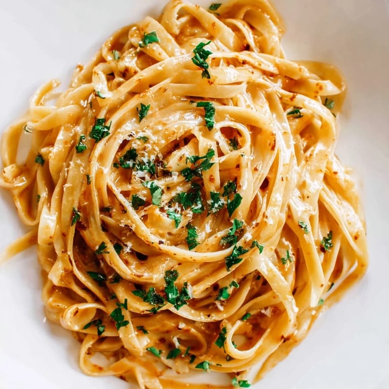 Close-up of glossy Sriracha Honey Pasta served in a white bowl, topped with grated parmesan and fresh parsley.