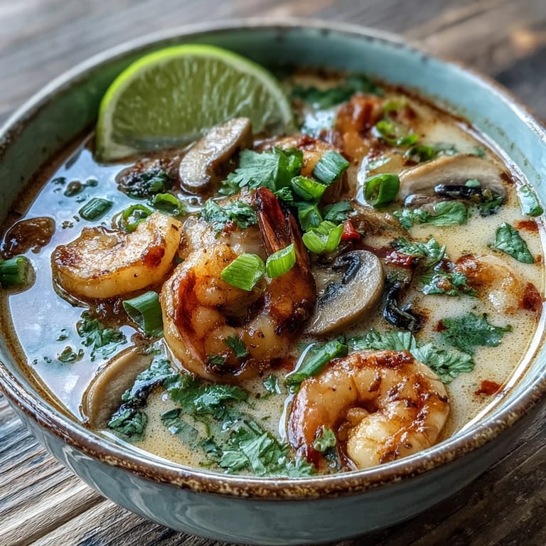 A close-up of Thai Coconut Shrimp Soup with plump shrimp and sliced mushrooms simmering in creamy coconut curry broth.