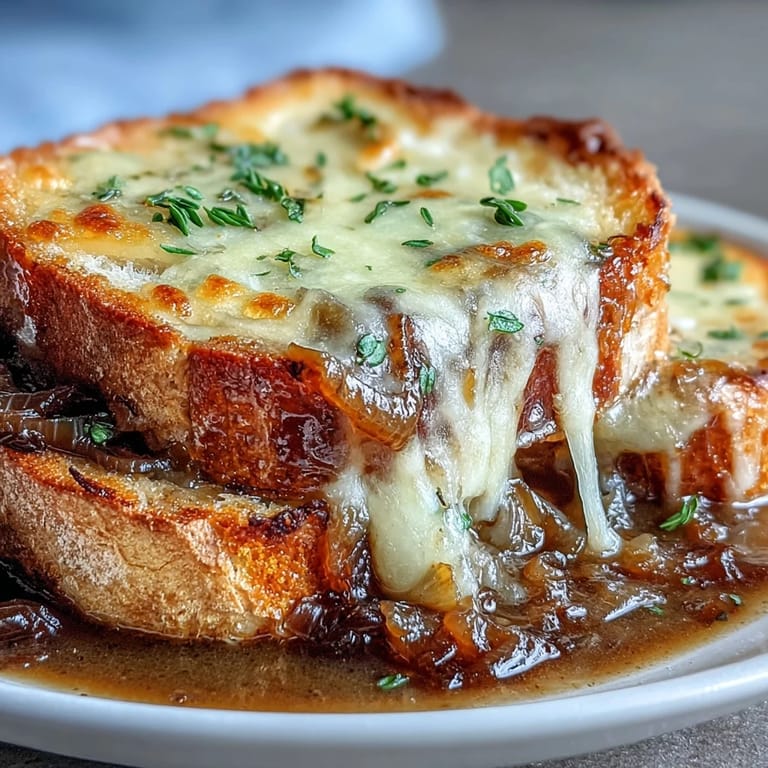 Steaming bowl of French Onion Soup with deep caramelized onions and a slice of toasted baguette.