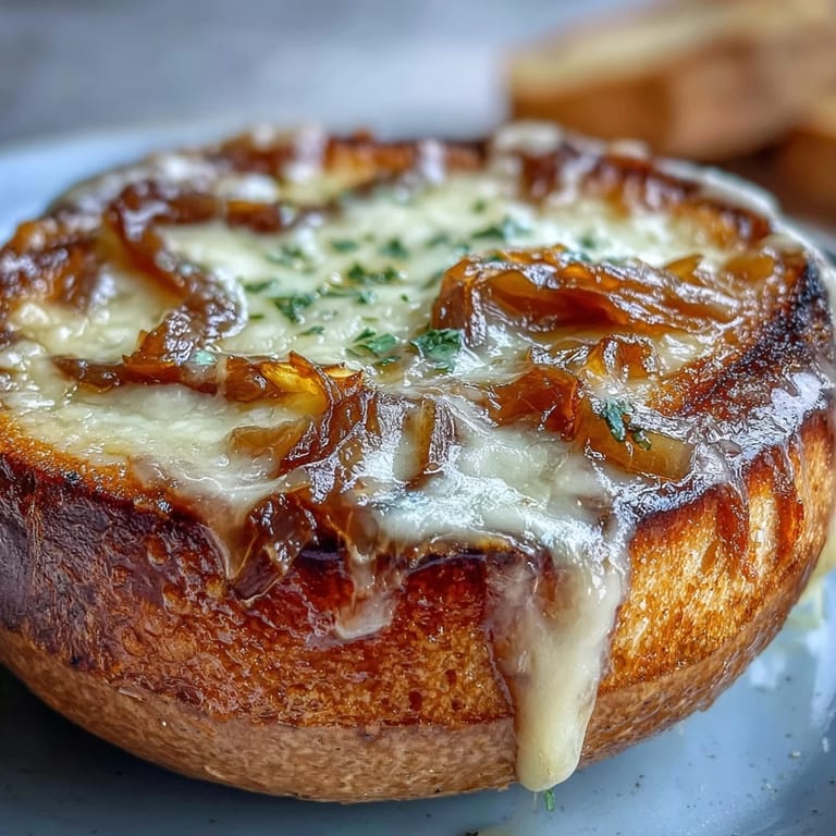 Classic French Onion Soup with rich beef broth, thyme, and gratinéed Gruyère under a broiler.