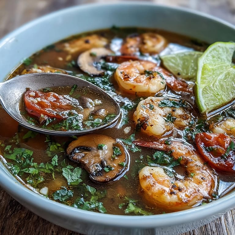 Serving suggestion of Tom Yum Soup with lime wedges and cilantro garnish for a spicy kick.