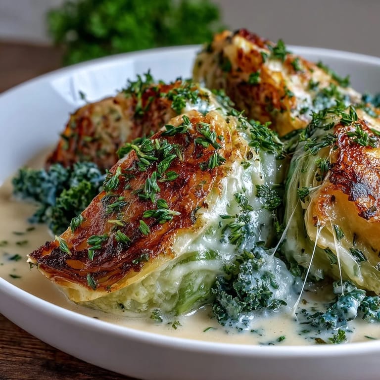 Golden cabbage wedges served in a savory parmesan broth, topped with extra herbs and grated cheese.