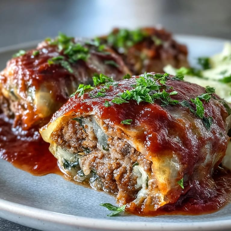 Tender Cabbage Rolls are served on a plate with a side of crusty bread for dipping.