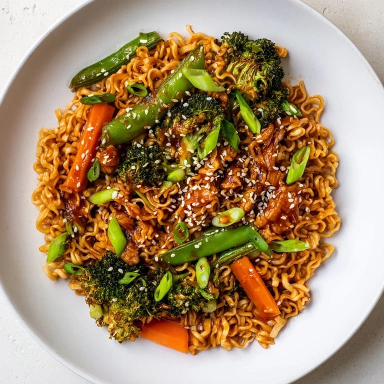 A close-up view of a flavorful Ramen Noodle Stir-Fry Remix with a delightful mix of textures.