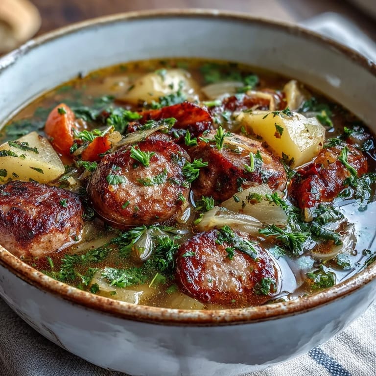 Rustic pot of Sausage, Potato and Cabbage Soup with chunks of cabbage and carrots, served beside crusty bread for dipping.