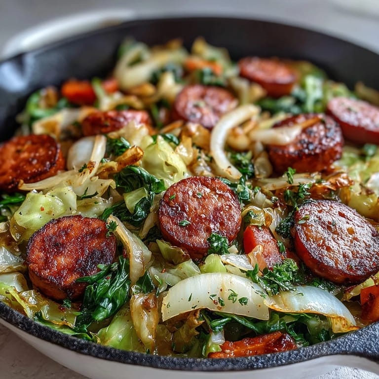 A close-up of Smothered Cabbage With Sausage Skillet, bubbling in a cast iron pan, ready for a weeknight dinner.