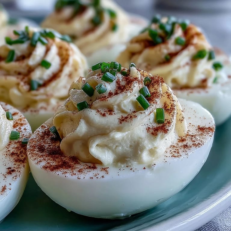 Smooth yolk filling piped into egg whites for Million Dollar Deviled Eggs with paprika dust.