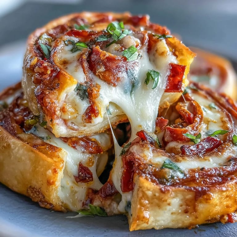 Close-up of Tortilla Pizza Rolls showing a gooey mozzarella cheese pull and zesty tomato sauce.