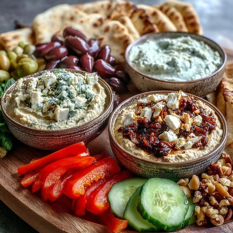 Colorful medley of olives and nuts decorates this Mediterranean Brunch Board with Dips and Flatbreads, ready for a festive brunch gathering.