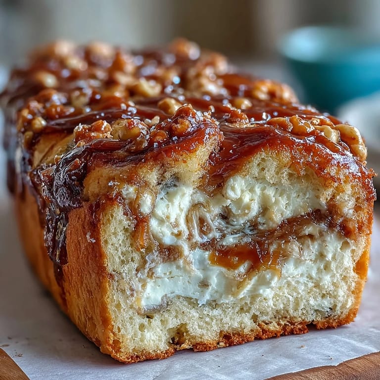 Warm loaf of Caramel Cream Cheese Bread fresh from the oven, ready for breakfast or dessert.
